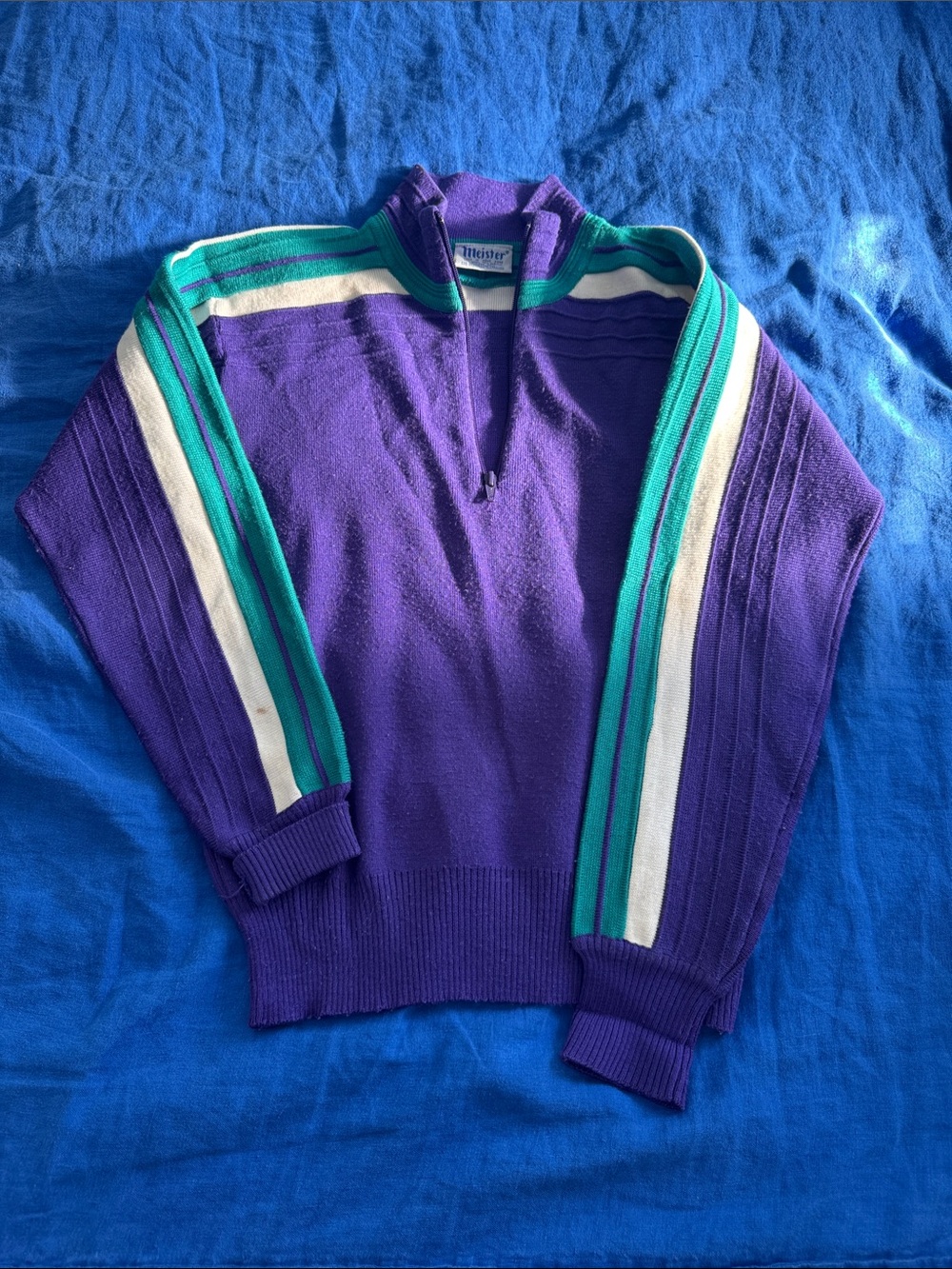 Vintage Purple V-Neck Sweater with Teal and Cream Stripes